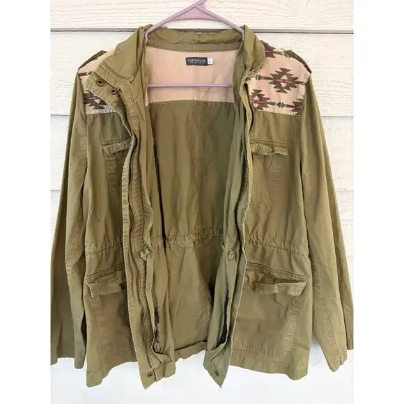 Earthbound Trading Co Aztec Utility Jacket Large Olive Green Military Jacket - Picture 8 of 9